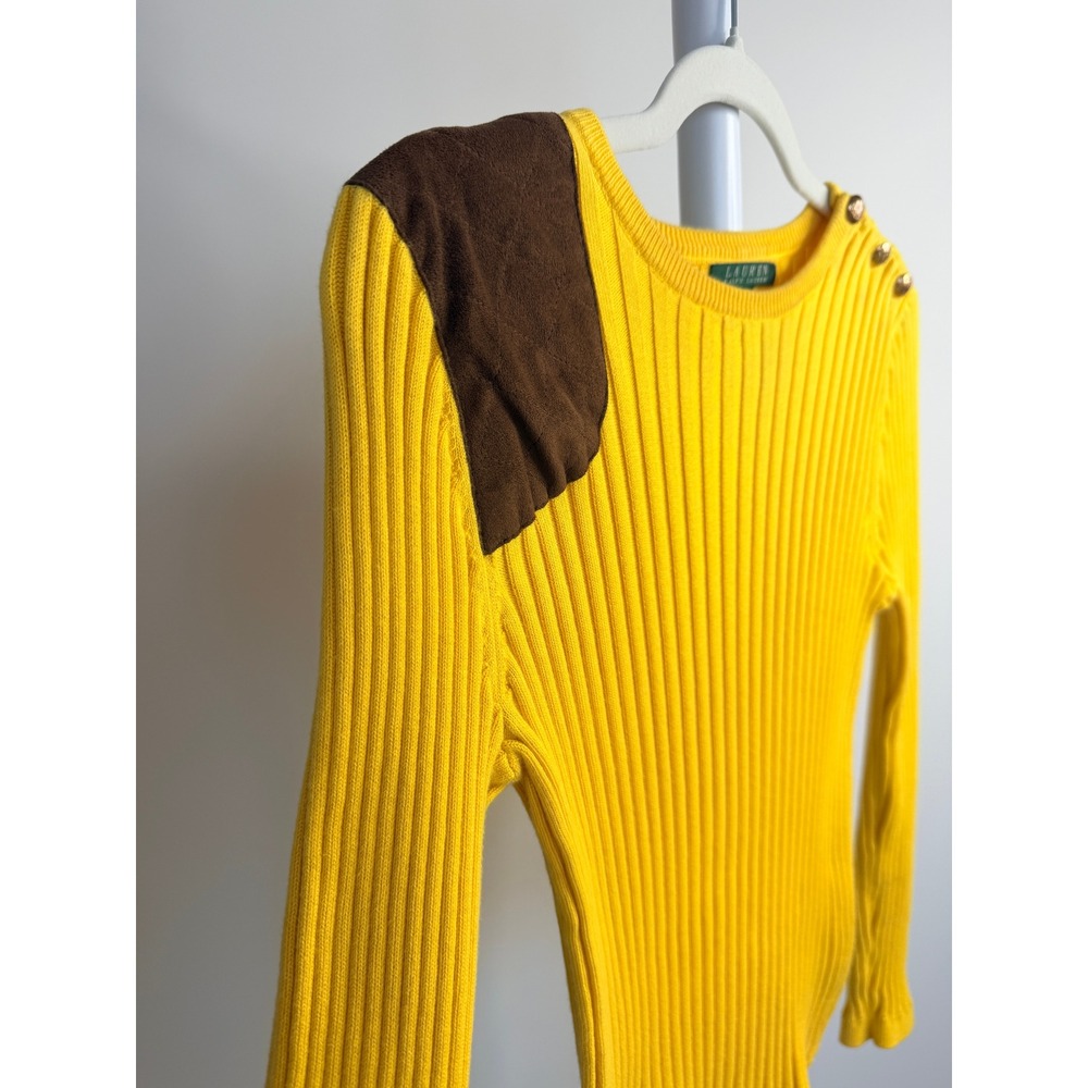 Lauren Ralph Lauren Yellow Ribbed Sweater Suede Shoulder Patch Gold Buttons L - Picture 3 of 6